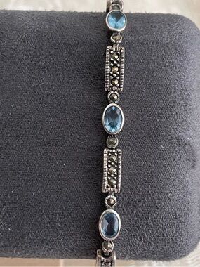 Vintage Sterling Silver Blue Stone and Marcasite Link Bracelet